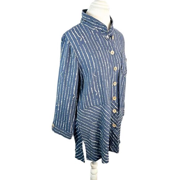John Mark Blue Striped Tunic Artsy Boho Asymmetrical Accents Wire Collar Size M - Picture 6 of 9